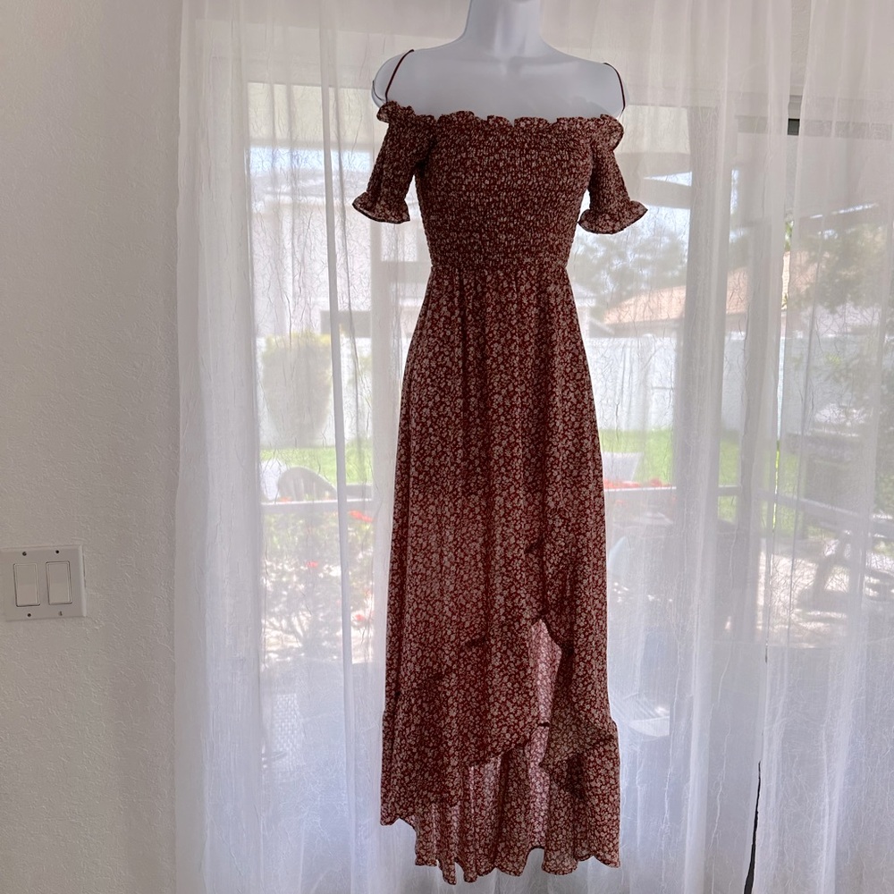 Floral Off-Shoulder Maxi Dress - Brown X Small